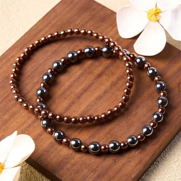 Buddha Stones Conjunto de 2 piezas de pulsera minimalista de cuentas redondas con hematita para conexión a tierra. - image 1