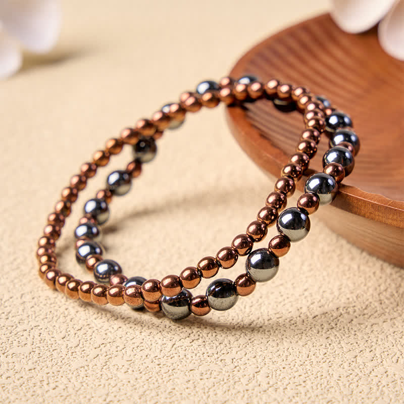 Buddha Stones Conjunto de 2 piezas de pulsera minimalista de cuentas redondas con hematita para conexión a tierra. - image 3