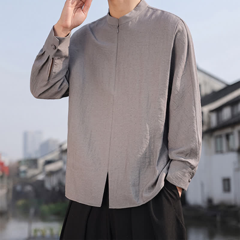 Buddha Stones Camisas de manga larga para hombre, estilo casual minimalista Tang, con cuello mandarín, color liso, para primavera y verano. - Gris oscuro - US/UK/AU46, EU56 (5XL) - image 0