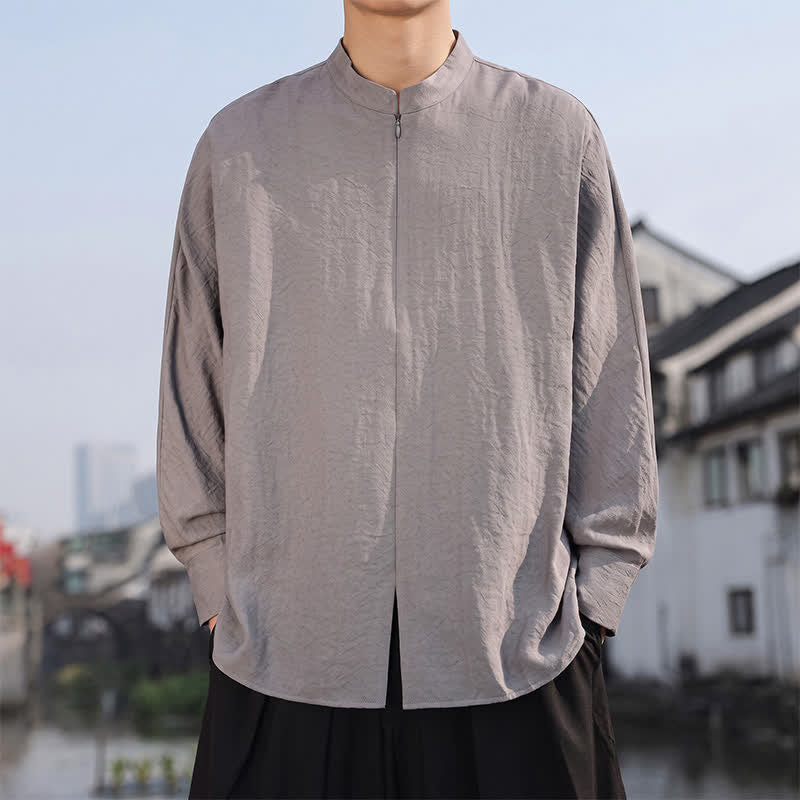 Buddha Stones Camisas de manga larga para hombre, estilo casual minimalista Tang, con cuello mandarín, color liso, para primavera y verano. - image 1