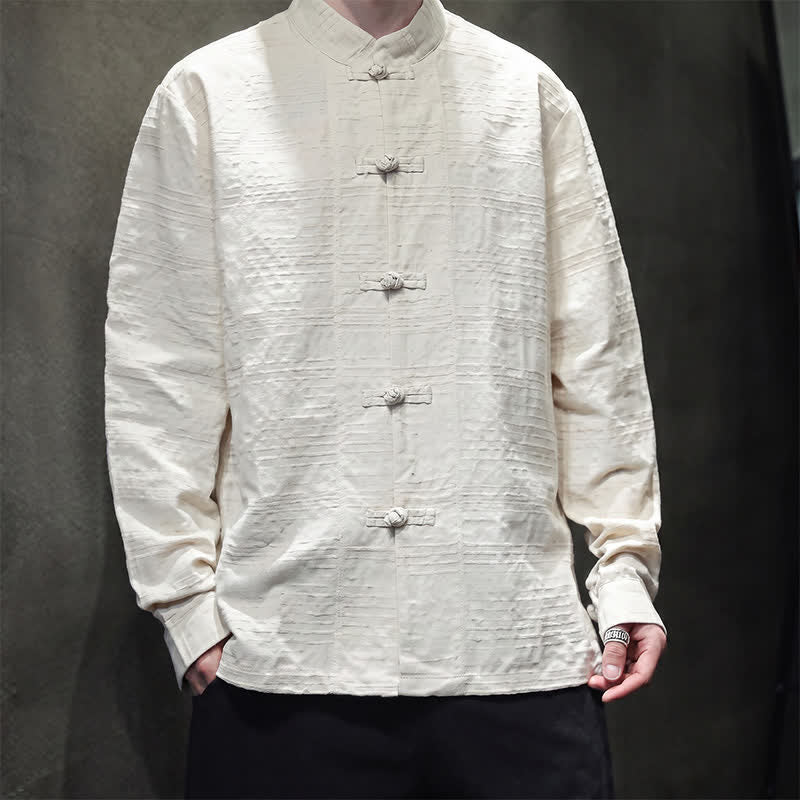 Buddha Stones Camisas de manga larga para hombre estilo vintage Tang con botones de rana y estampado floral. - image 12