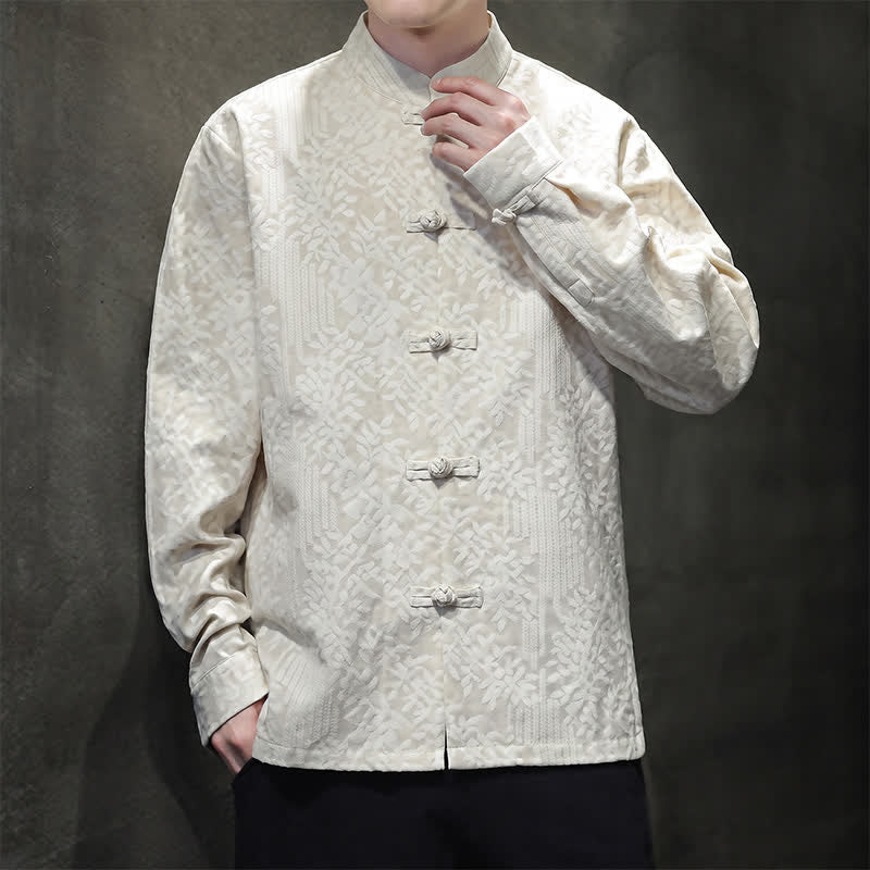 Buddha Stones Camisas de manga larga para hombre estilo vintage Tang con botones de rana y estampado floral. - image 26