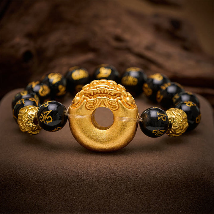 Buddha Stones Hebilla de la paz Pi Xiu de obsidiana negra Om Mani Padme Hum Pulsera de la riqueza - Obsidiana negra (circunferencia de la muñeca: 6,7–7,1 pulgadas / 17–18 cm) - image 0