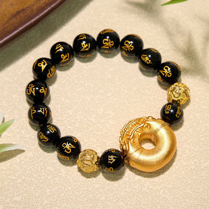 Buddha Stones Hebilla de la paz Pi Xiu de obsidiana negra Om Mani Padme Hum Pulsera de la riqueza - image 1