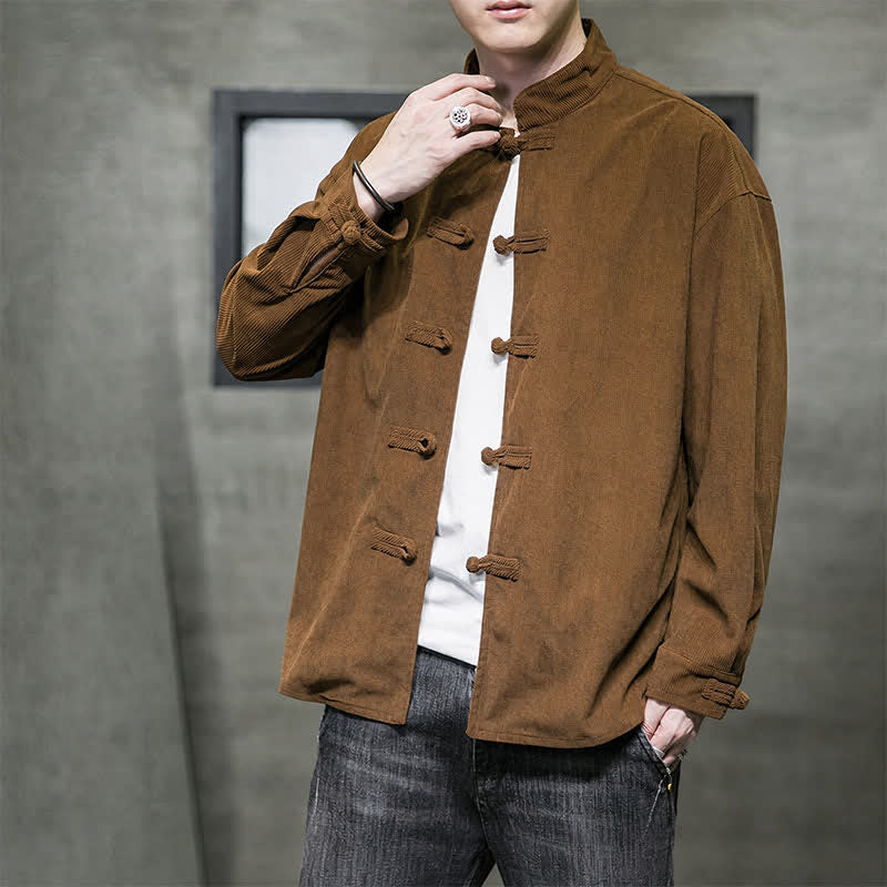 Buddha Stones Chaqueta de hombre de algodón liso con botones de rana, estilo casual de otoño/invierno. - image 2