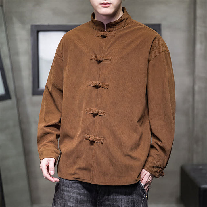 Buddha Stones Chaqueta de hombre de algodón liso con botones de rana, estilo casual de otoño/invierno. - image 3