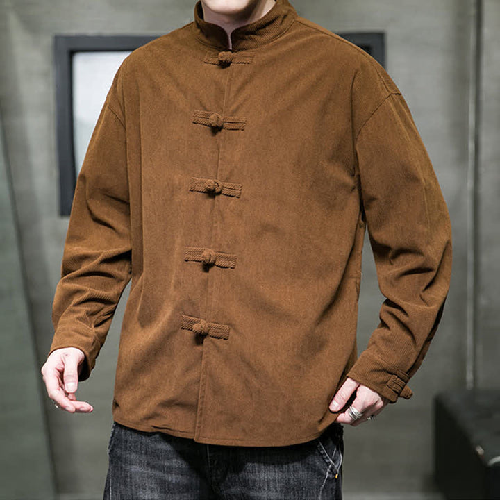 Buddha Stones Chaqueta de hombre de algodón liso con botones de rana, estilo casual de otoño/invierno. - image 5
