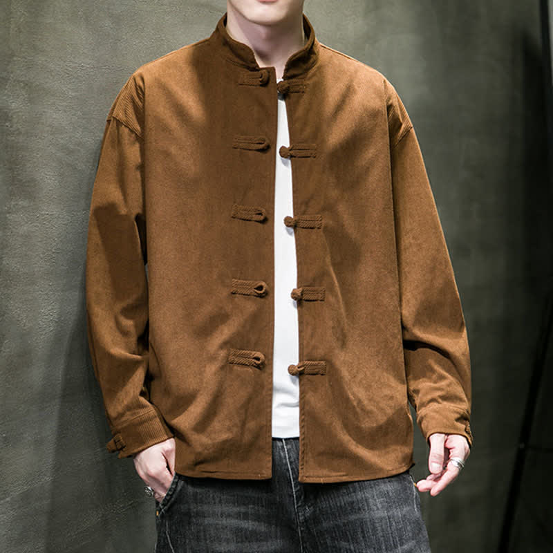 Buddha Stones Chaqueta de hombre de algodón liso con botones de rana, estilo casual de otoño/invierno. - image 1