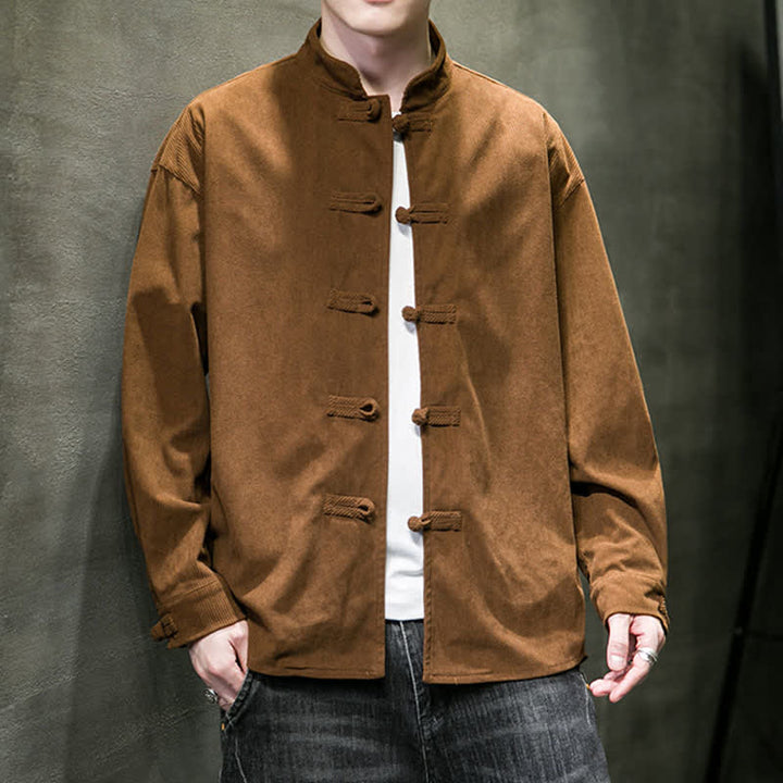 Buddha Stones Chaqueta de hombre de algodón liso con botones de rana, estilo casual de otoño/invierno. - image 1