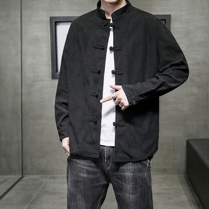 Buddha Stones Chaqueta de hombre de algodón liso con botones de rana, estilo casual de otoño/invierno. - image 22