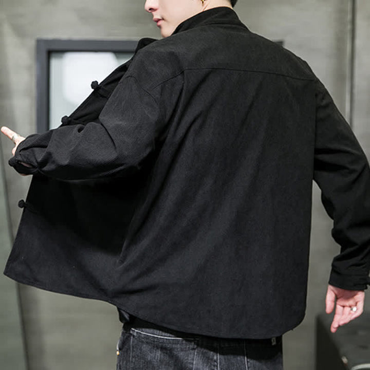 Buddha Stones Chaqueta de hombre de algodón liso con botones de rana, estilo casual de otoño/invierno. - image 21