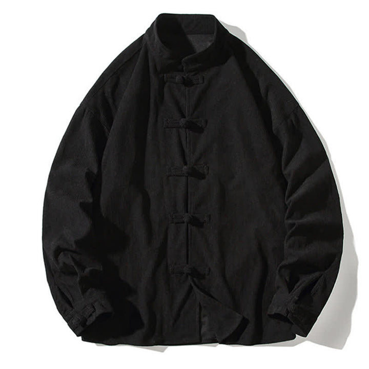 Buddha Stones Chaqueta de hombre de algodón liso con botones de rana, estilo casual de otoño/invierno. - image 23