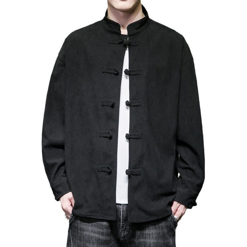 Buddha Stones Chaqueta de hombre de algodón liso con botones de rana, estilo casual de otoño/invierno. - image 23