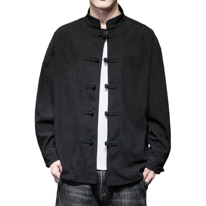 Buddha Stones Chaqueta de hombre de algodón liso con botones de rana, estilo casual de otoño/invierno. - image 23
