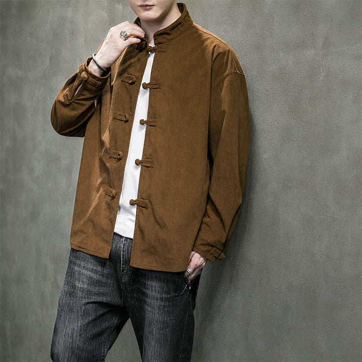 Buddha Stones Chaqueta de hombre de algodón liso con botones de rana, estilo casual de otoño/invierno. - image 9
