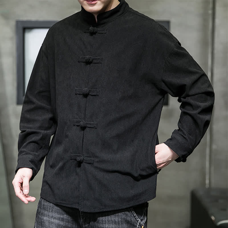 Buddha Stones Chaqueta de hombre de algodón liso con botones de rana, estilo casual de otoño/invierno. - image 19