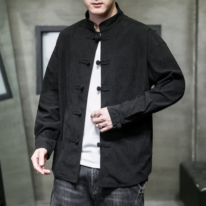 Buddha Stones Chaqueta de hombre de algodón liso con botones de rana, estilo casual de otoño/invierno. - image 20