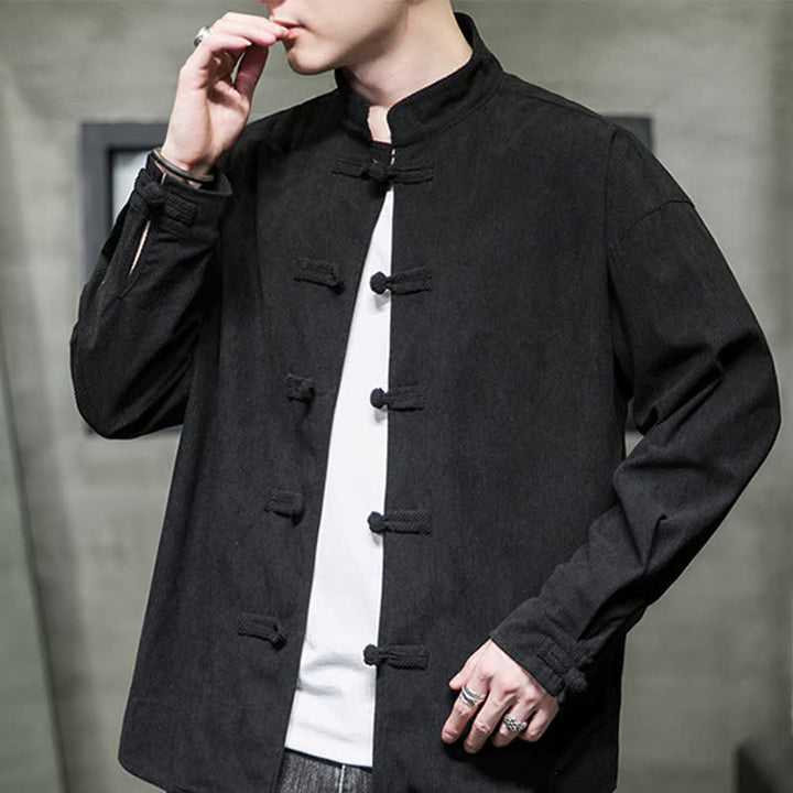 Buddha Stones Chaqueta de hombre de algodón liso con botones de rana, estilo casual de otoño/invierno. - image 18