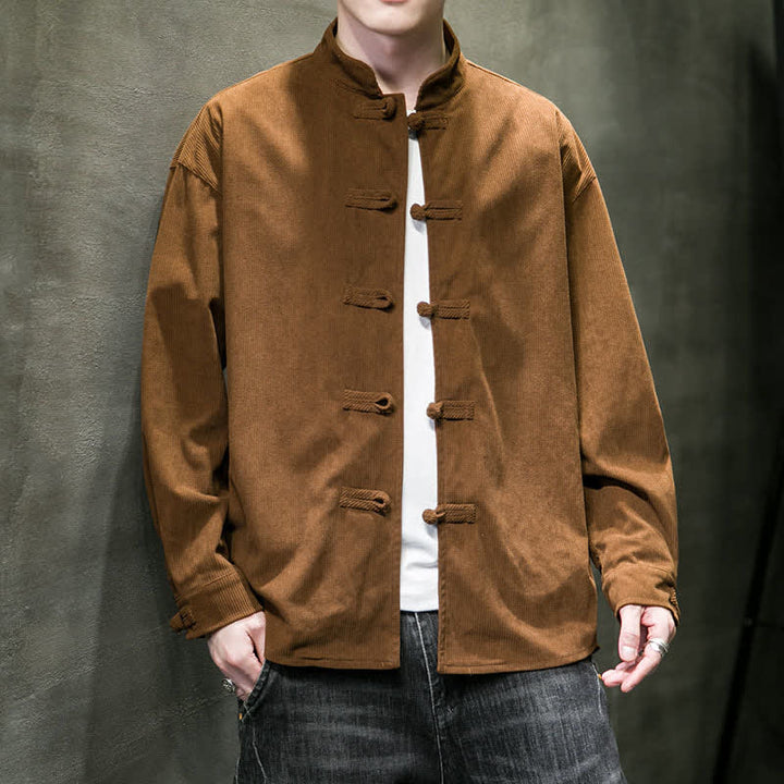 Buddha Stones Chaqueta de hombre de algodón liso con botones de rana, estilo casual de otoño/invierno. - Tierra de siena - US/UK/AU46, EU56 (5XL) - image 0