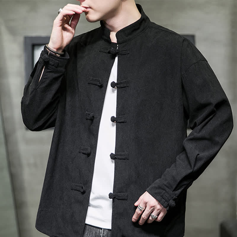 Buddha Stones Chaqueta de hombre de algodón liso con botones de rana, estilo casual de otoño/invierno. - image 18