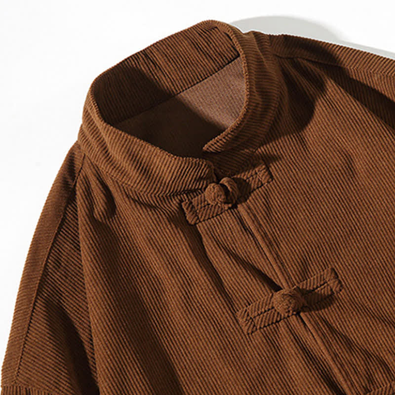 Buddha Stones Chaqueta de hombre de algodón liso con botones de rana, estilo casual de otoño/invierno. - image 11