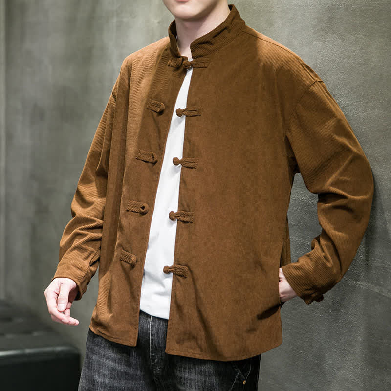 Buddha Stones Chaqueta de hombre de algodón liso con botones de rana, estilo casual de otoño/invierno. - image 7