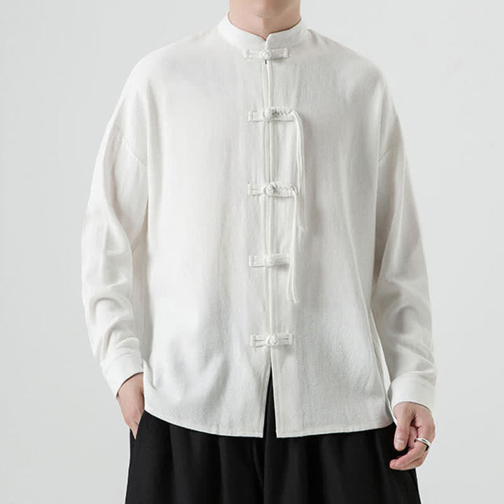 Buddha Stones Chaqueta de hombre de algodón y lino liso estilo Tang vintage con botones de rana, ideal para otoño/invierno. - image 12