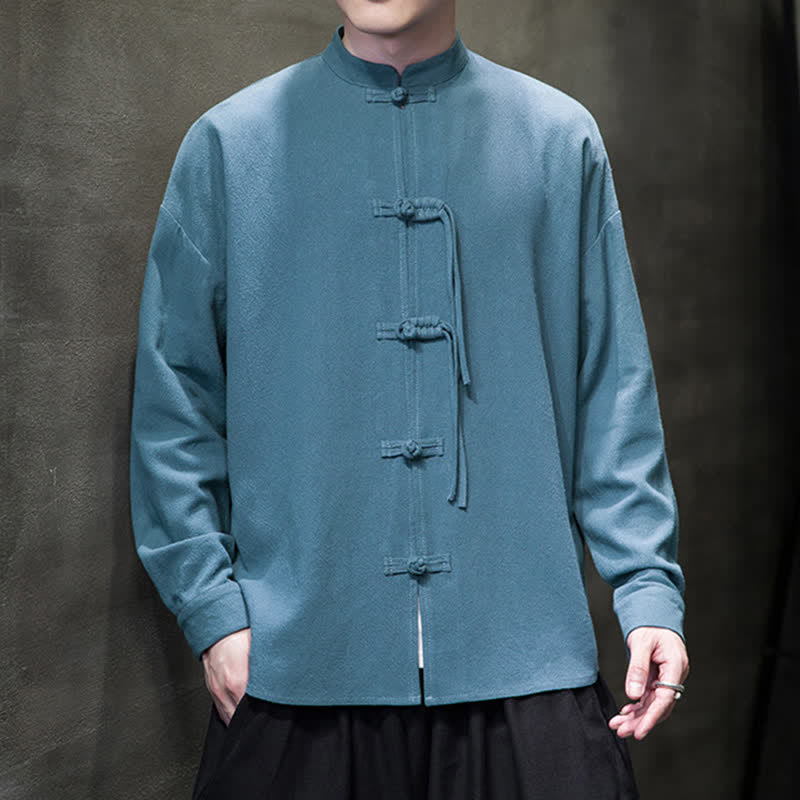 Buddha Stones Chaqueta de hombre de algodón y lino liso estilo Tang vintage con botones de rana, ideal para otoño/invierno. - image 1