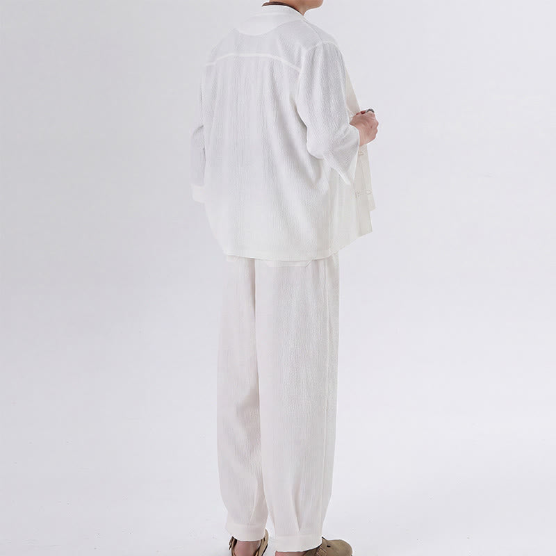 Buddha Stones 2 piezas de camisa y pantalón de manga tres cuartos con botones de rana estilo Spring Tang para hombre, ropa de meditación con bolsillo - image 14