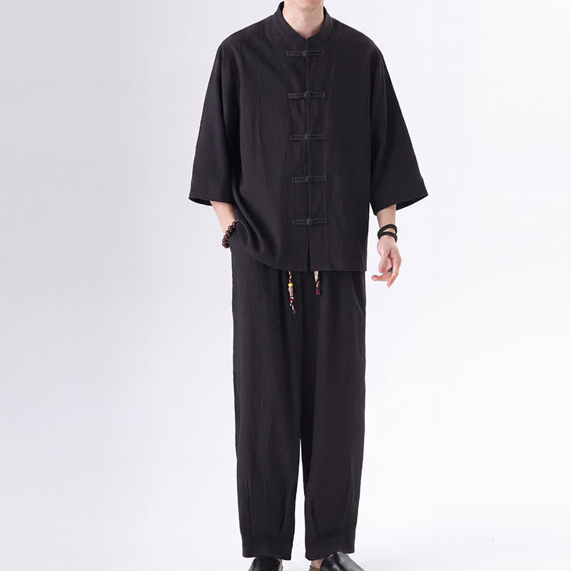Buddha Stones 2 piezas de camisa y pantalón de manga tres cuartos con botones de rana estilo Spring Tang para hombre, ropa de meditación con bolsillo - image 1