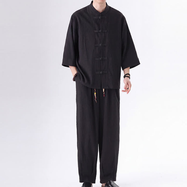Buddha Stones 2 piezas de camisa y pantalón de manga tres cuartos con botones de rana estilo Spring Tang para hombre, ropa de meditación con bolsillo - image 1