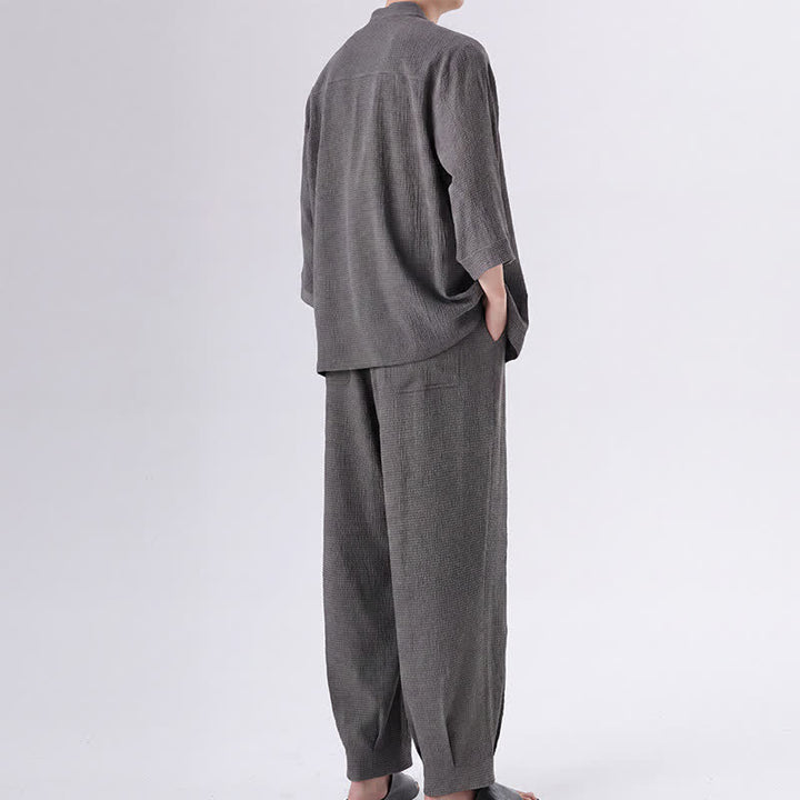 Buddha Stones 2 piezas de camisa y pantalón de manga tres cuartos con botones de rana estilo Spring Tang para hombre, ropa de meditación con bolsillo - image 10