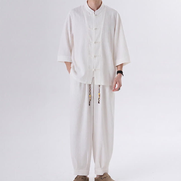 Buddha Stones 2 piezas de camisa y pantalón de manga tres cuartos con botones de rana estilo Spring Tang para hombre, ropa de meditación con bolsillo - Blanco - US/UK/AU46, EU56 (5XL) - image 12