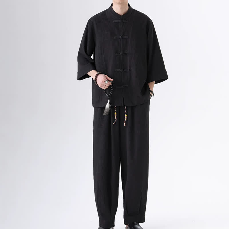 Buddha Stones 2 piezas de camisa y pantalón de manga tres cuartos con botones de rana estilo Spring Tang para hombre, ropa de meditación con bolsillo - Negro - US/UK/AU46, EU56 (5XL) - image 0