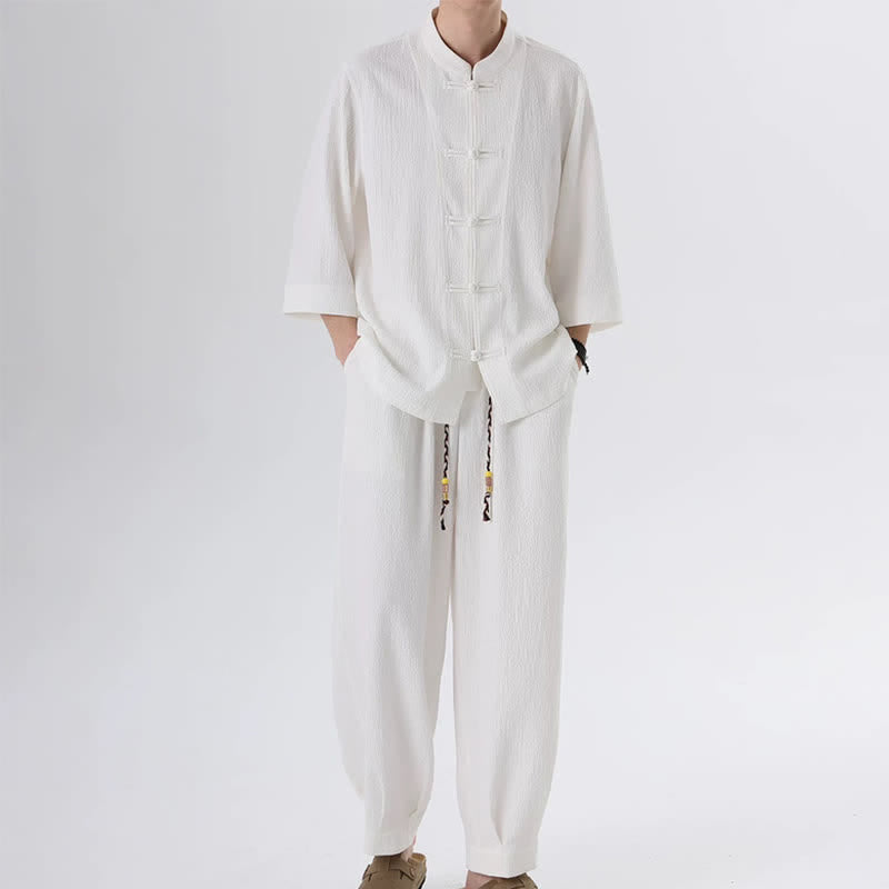 Buddha Stones 2 piezas de camisa y pantalón de manga tres cuartos con botones de rana estilo Spring Tang para hombre, ropa de meditación con bolsillo - image 13