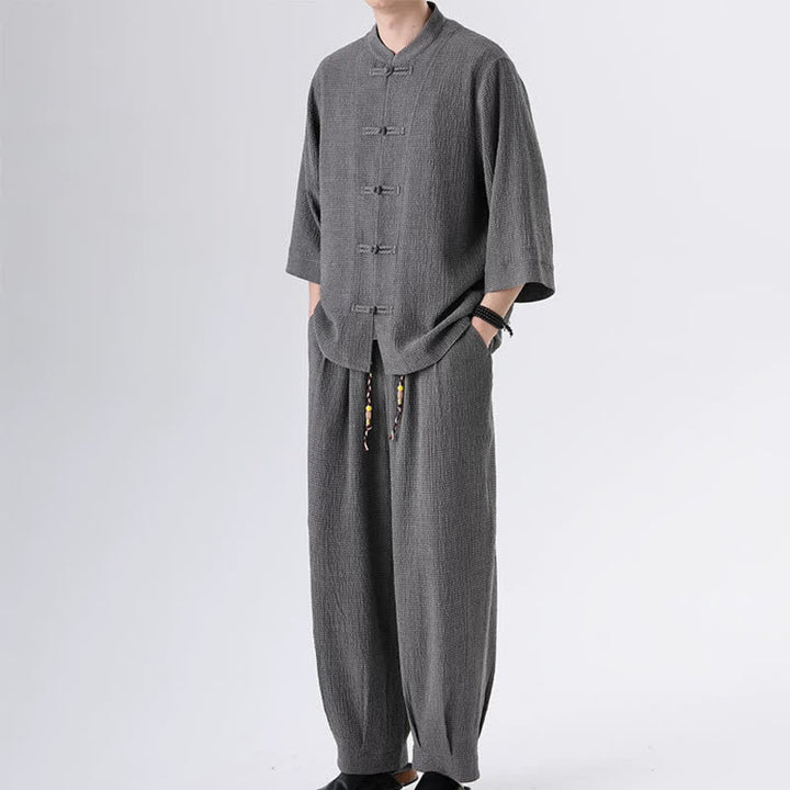 Buddha Stones 2 piezas de camisa y pantalón de manga tres cuartos con botones de rana estilo Spring Tang para hombre, ropa de meditación con bolsillo - image 11