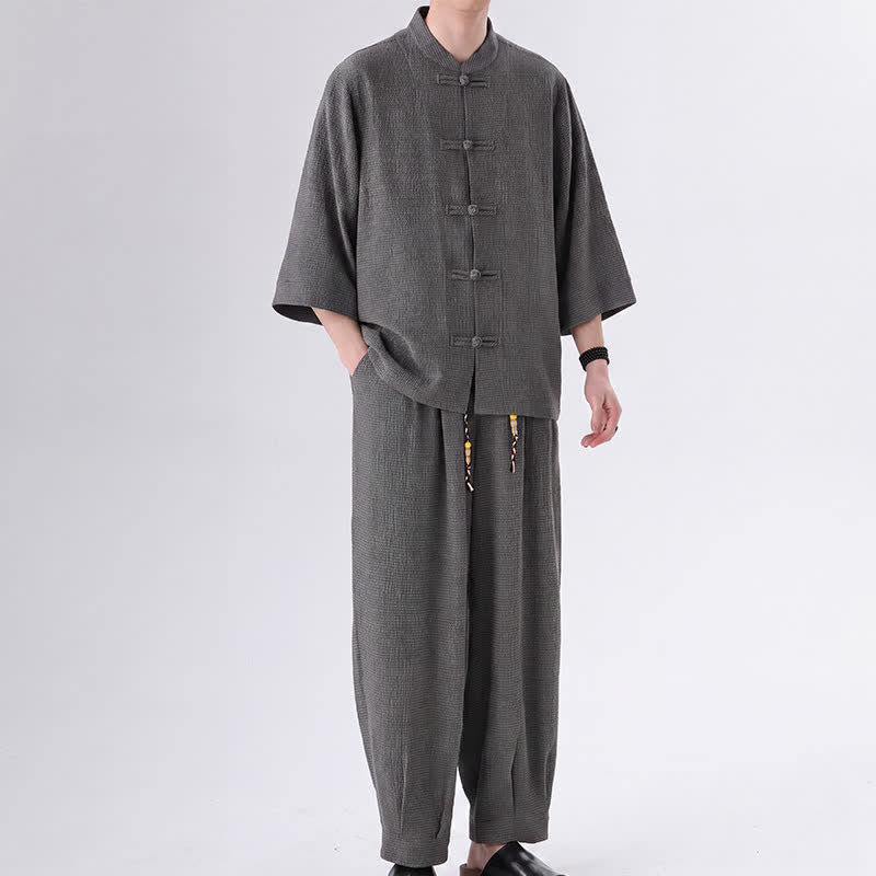 Buddha Stones 2 piezas de camisa y pantalón de manga tres cuartos con botones de rana estilo Spring Tang para hombre, ropa de meditación con bolsillo - Gris oscuro - US/UK/AU46, EU56 (5XL) - image 9