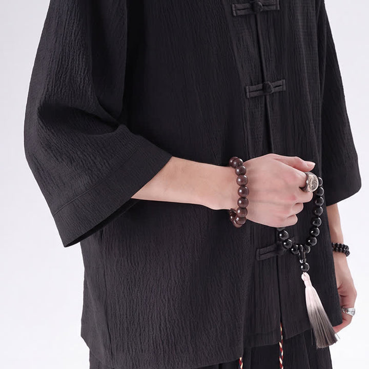 Buddha Stones 2 piezas de camisa y pantalón de manga tres cuartos con botones de rana estilo Spring Tang para hombre, ropa de meditación con bolsillo - image 4