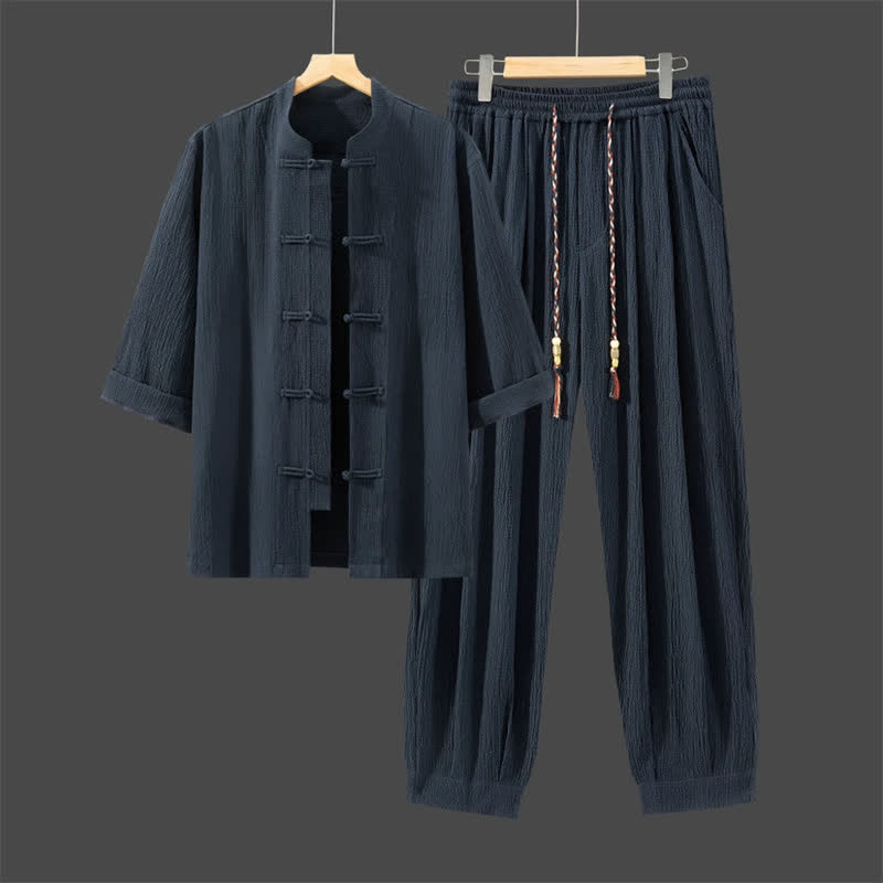 Buddha Stones 2 piezas de camisa y pantalón de manga tres cuartos con botones de rana estilo Spring Tang para hombre, ropa de meditación con bolsillo - Azul medianoche - US/UK/AU46, EU56 (5XL) - image 16
