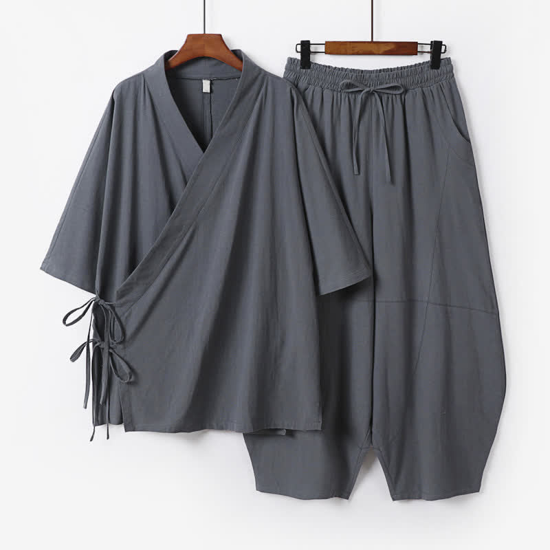 Buddha Stones Conjunto de 2 piezas de camisa y pantalón minimalistas de manga hasta el codo con cordón ajustable para primavera/verano, de algodón, para hombre, ideal para meditación, con bolsillo. - Gris pizarra - US/UK/AU54, EU64 (9XL) - image 0