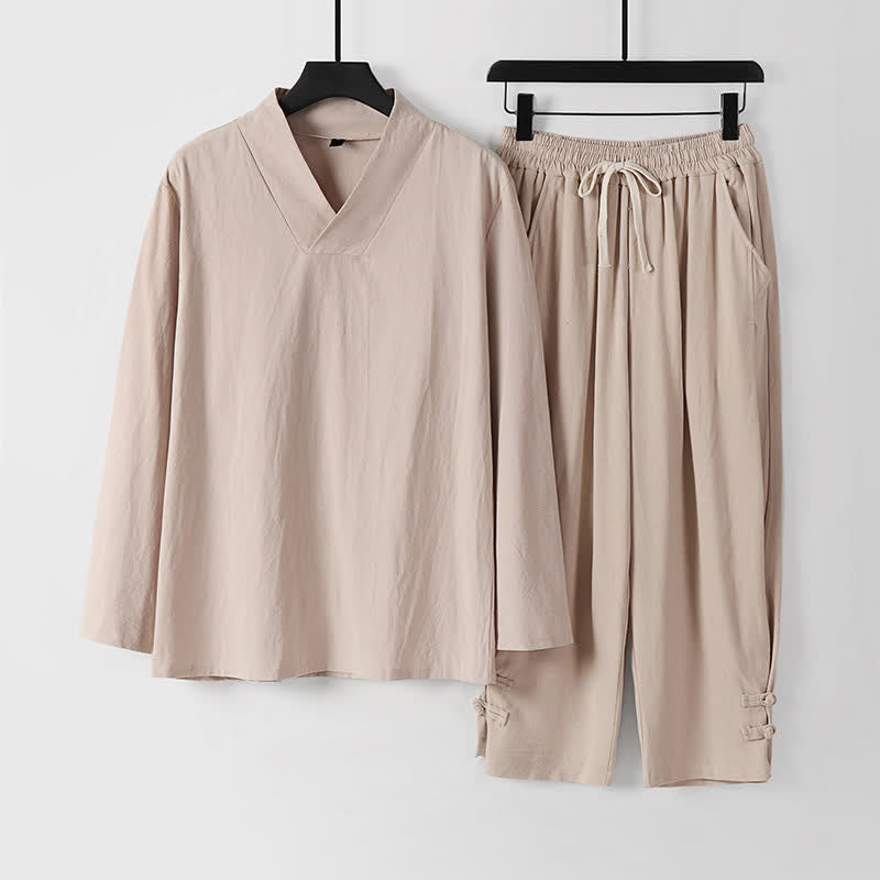 Buddha Stones Conjunto de 2 piezas para primavera y otoño: camisa y pantalón de ramio liso de manga larga con cordón ajustable, ideal para meditación y con bolsillos. - Blanco antiguo - US/UK/AU54, EU64 (9XL) - image 18