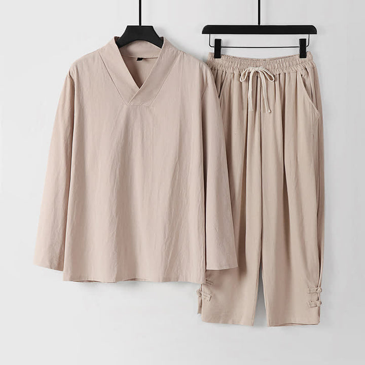 Buddha Stones Conjunto de 2 piezas para primavera y otoño: camisa y pantalón de ramio liso de manga larga con cordón ajustable, ideal para meditación y con bolsillos. - Blanco antiguo - US/UK/AU54, EU64 (9XL) - image 18