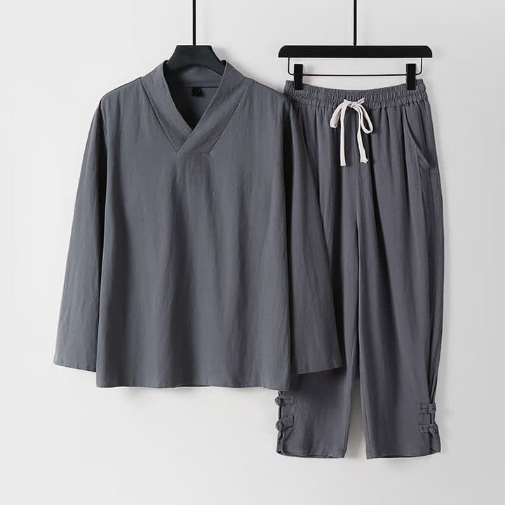Buddha Stones Conjunto de 2 piezas para primavera y otoño: camisa y pantalón de ramio liso de manga larga con cordón ajustable, ideal para meditación y con bolsillos. - Gris pizarra - US/UK/AU54, EU64 (9XL) - image 2