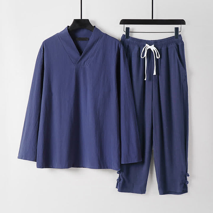 Buddha Stones Conjunto de 2 piezas para primavera y otoño: camisa y pantalón de ramio liso de manga larga con cordón ajustable, ideal para meditación y con bolsillos. - Azul pizarra oscuro - US/UK/AU54, EU64 (9XL) - image 0