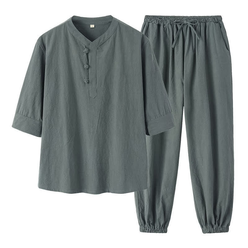 Buddha Stones Conjunto de 2 piezas de camisa y pantalón de algodón de manga hasta el codo con cuello mandarín, estilo Tang, para primavera y verano, ideal para meditación y con bolsillos. - image 4