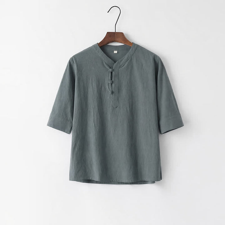Buddha Stones Conjunto de 2 piezas de camisa y pantalón de algodón de manga hasta el codo con cuello mandarín, estilo Tang, para primavera y verano, ideal para meditación y con bolsillos. - image 5