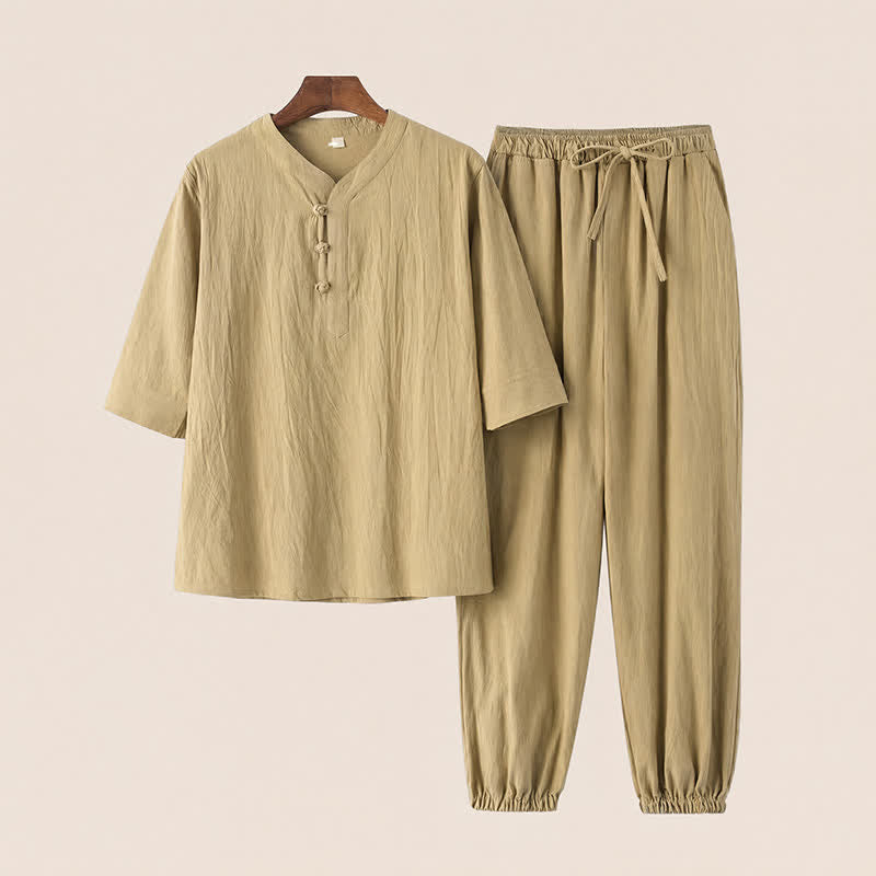 Buddha Stones Conjunto de 2 piezas de camisa y pantalón de algodón de manga hasta el codo con cuello mandarín, estilo Tang, para primavera y verano, ideal para meditación y con bolsillos. - vara de oro pálida - US/UK/AU44, EU54 (4XL) - image 18