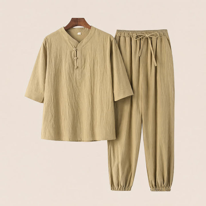 Buddha Stones Conjunto de 2 piezas de camisa y pantalón de algodón de manga hasta el codo con cuello mandarín, estilo Tang, para primavera y verano, ideal para meditación y con bolsillos. - vara de oro pálida - US/UK/AU44, EU54 (4XL) - image 18
