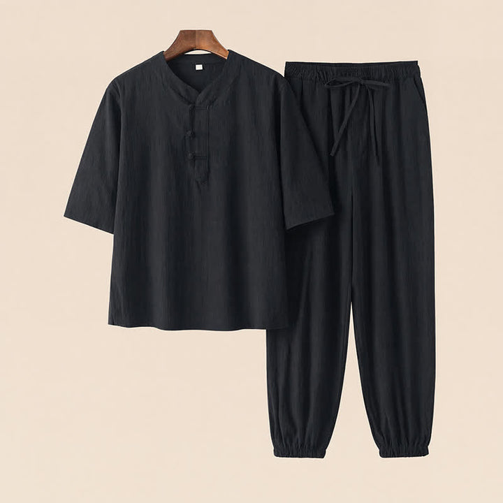 Buddha Stones Conjunto de 2 piezas de camisa y pantalón de algodón de manga hasta el codo con cuello mandarín, estilo Tang, para primavera y verano, ideal para meditación y con bolsillos. - Negro - US/UK/AU44, EU54 (4XL) - image 15