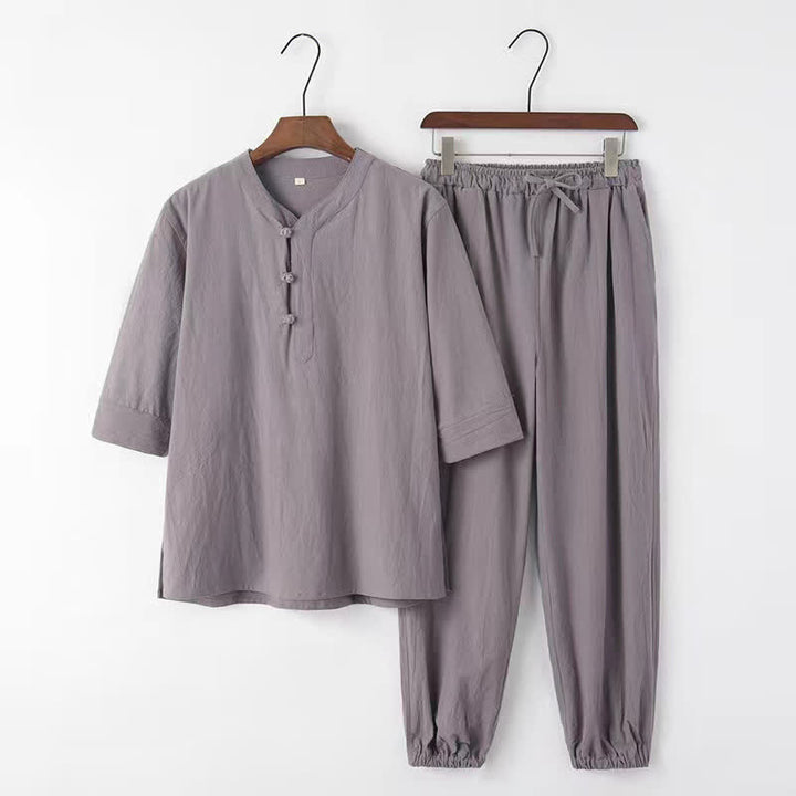 Buddha Stones Conjunto de 2 piezas de camisa y pantalón de algodón de manga hasta el codo con cuello mandarín, estilo Tang, para primavera y verano, ideal para meditación y con bolsillos. - Gris - US/UK/AU44, EU54 (4XL) - image 0